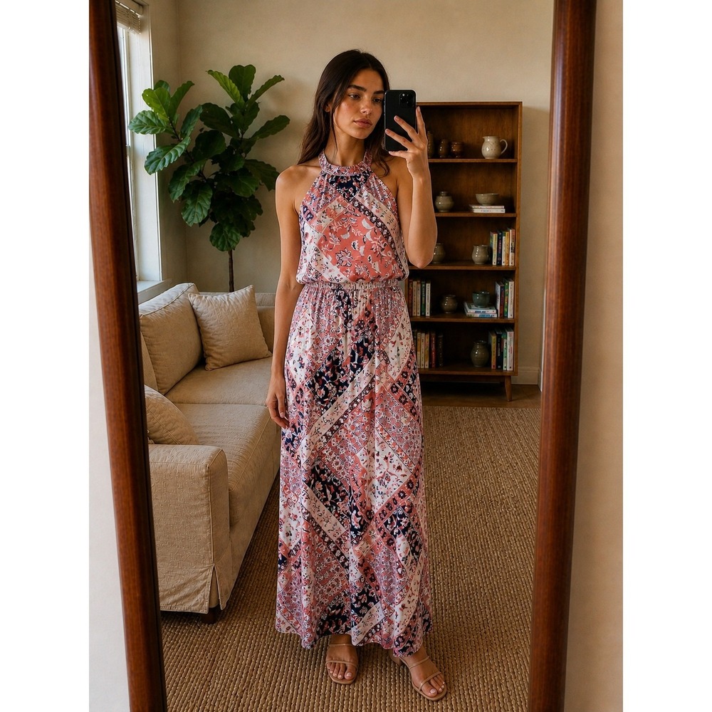 Trixxi Floral Patchwork Maxi Dress Small Pink Halter‎ Neck Boho Hippie Summer